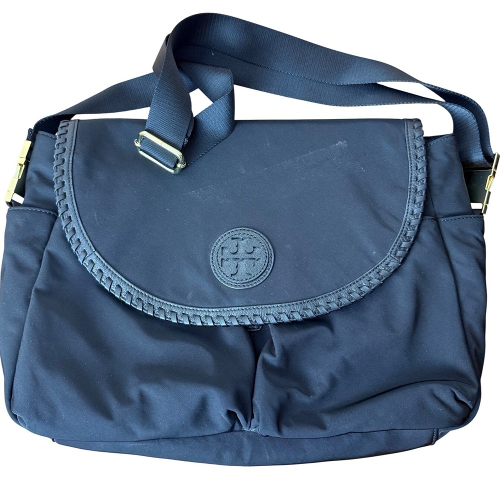 Tory Burch Marion Black‎ Nylon Messenger Bag Leather Whipstitch Crossbody HST036